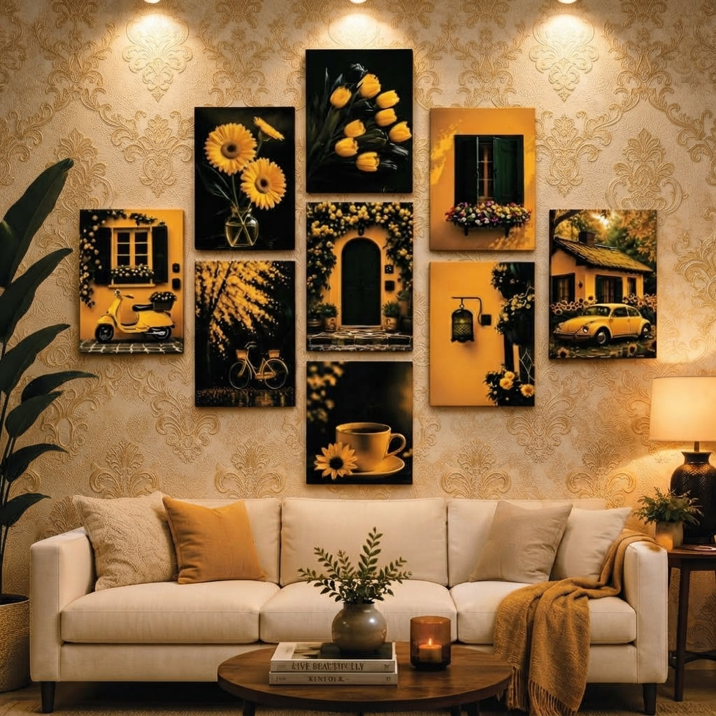 Set of 9 Aesthetic Yellow Wall Art Frames (MDF) For Home And Office Decor